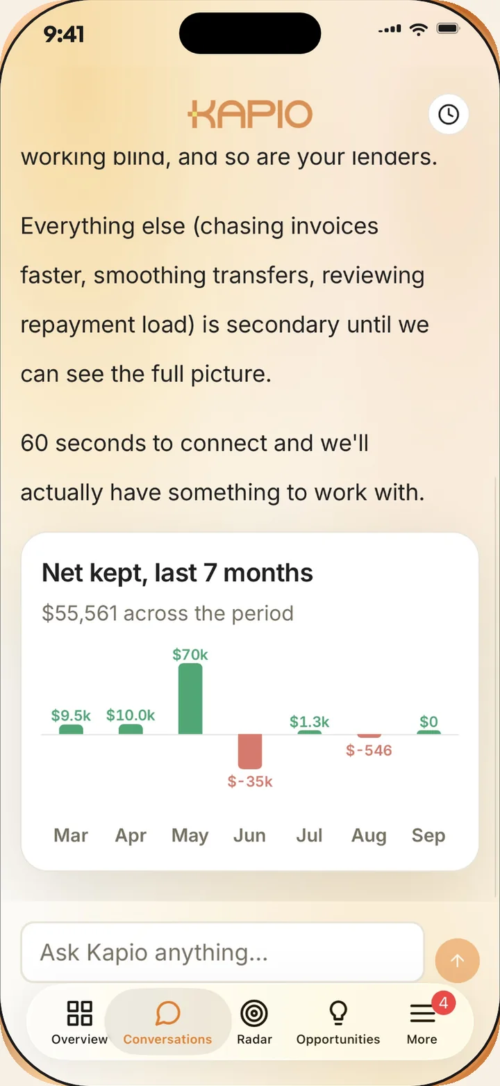 Ask Kapio in the app: a plain-English answer with a chart of net cash kept over the last seven months