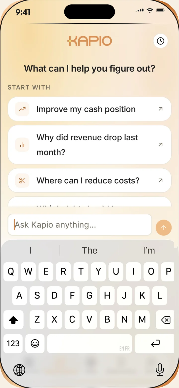 Ask Kapio: suggested openers like improve my cash position, why did revenue drop last month, and where can I reduce costs