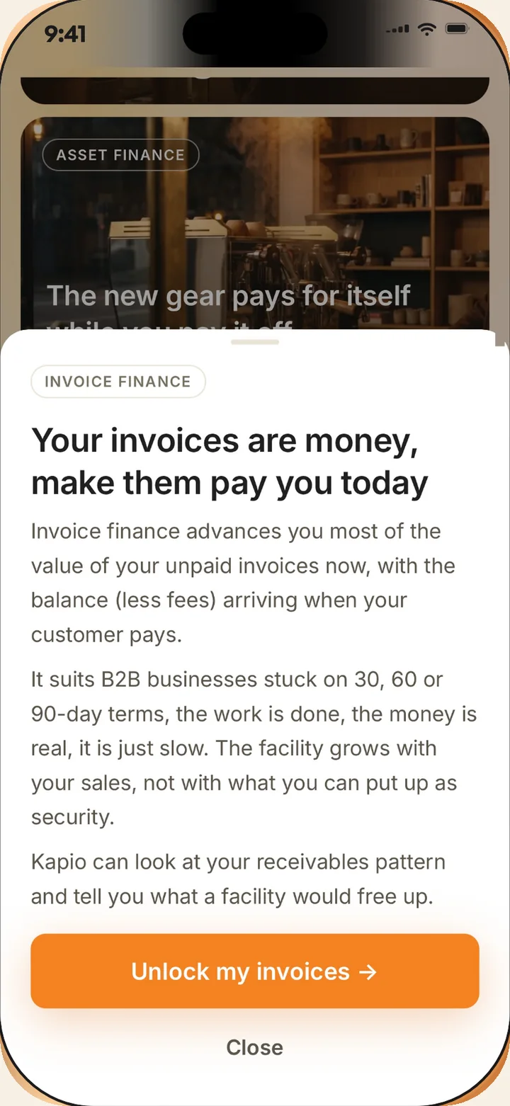 An invoice finance opportunity in the Kapio app, explaining how a facility could free up cash from unpaid invoices
