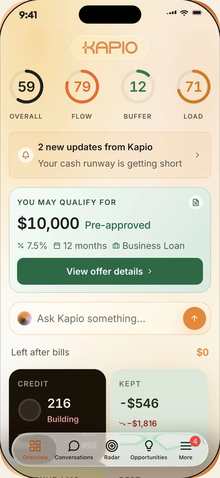 The Kapio overview: health rings for flow, buffer and load, a pre-approved offer, and credit, kept, revenue and debt cards