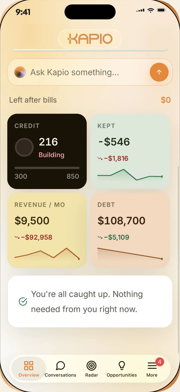 The Kapio app overview: what is left after bills, credit score, money kept, monthly revenue and debt, each with its trend