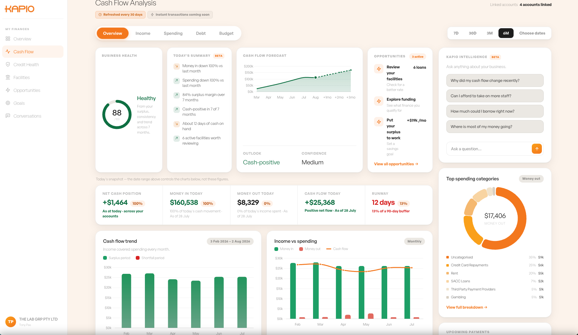 Tony Pas's real Kapio cash flow analysis: business health, forecast, cash flow trend and top spending categories