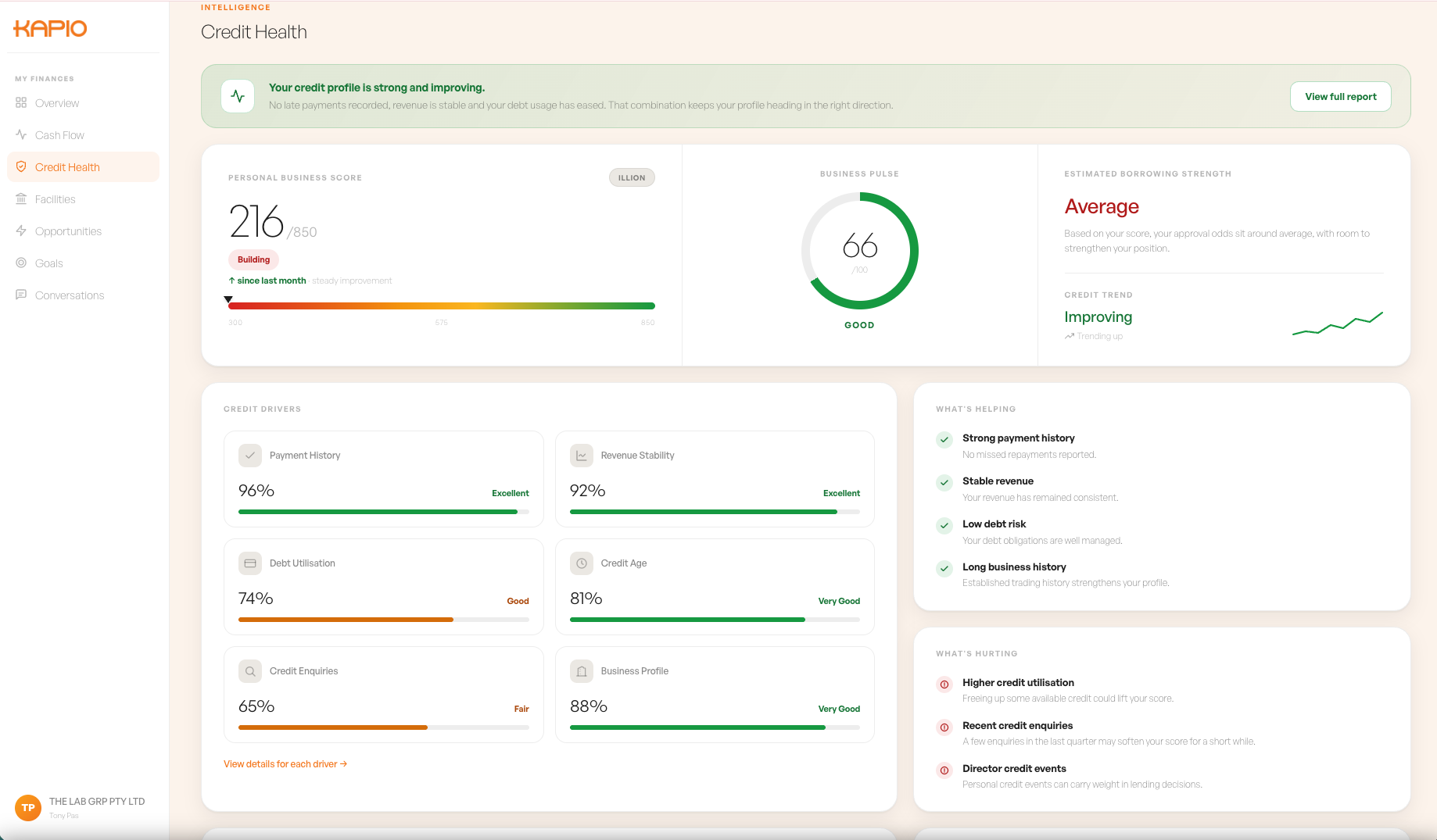 Tony Pas's real Kapio credit health: personal business score, business pulse, and what is helping or hurting it