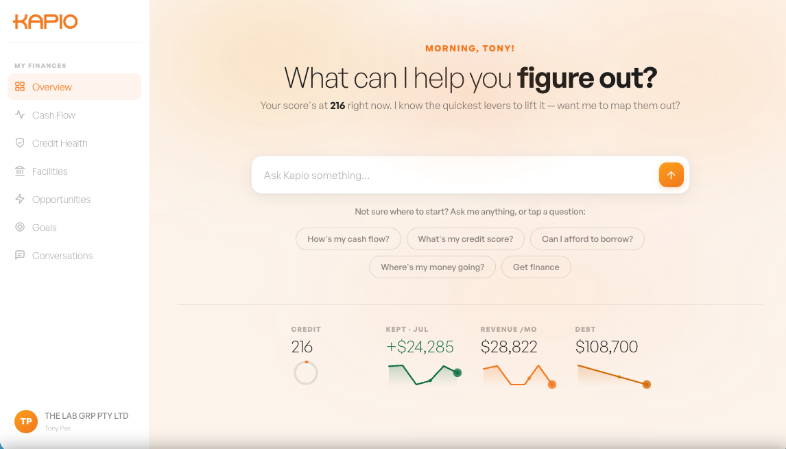 Tony Pas's real Kapio dashboard: credit score, cash kept, revenue and outstanding debt