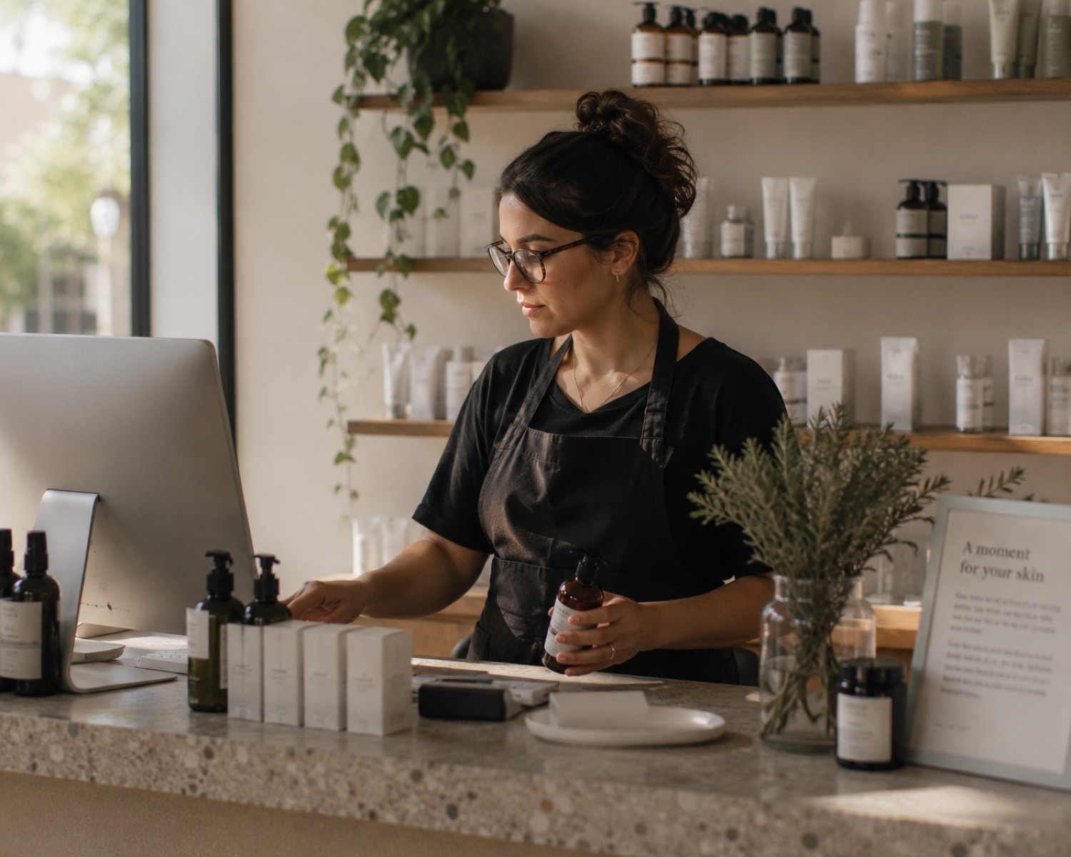 A shop owner at the counter of their store