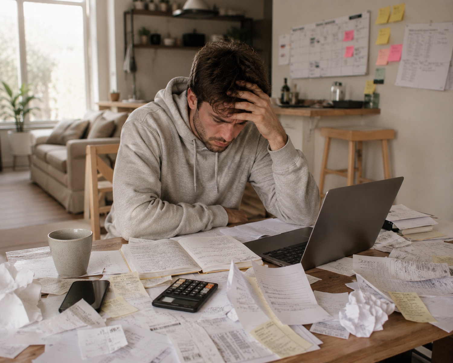 A sole trader alone at a table covered in receipts and paperwork