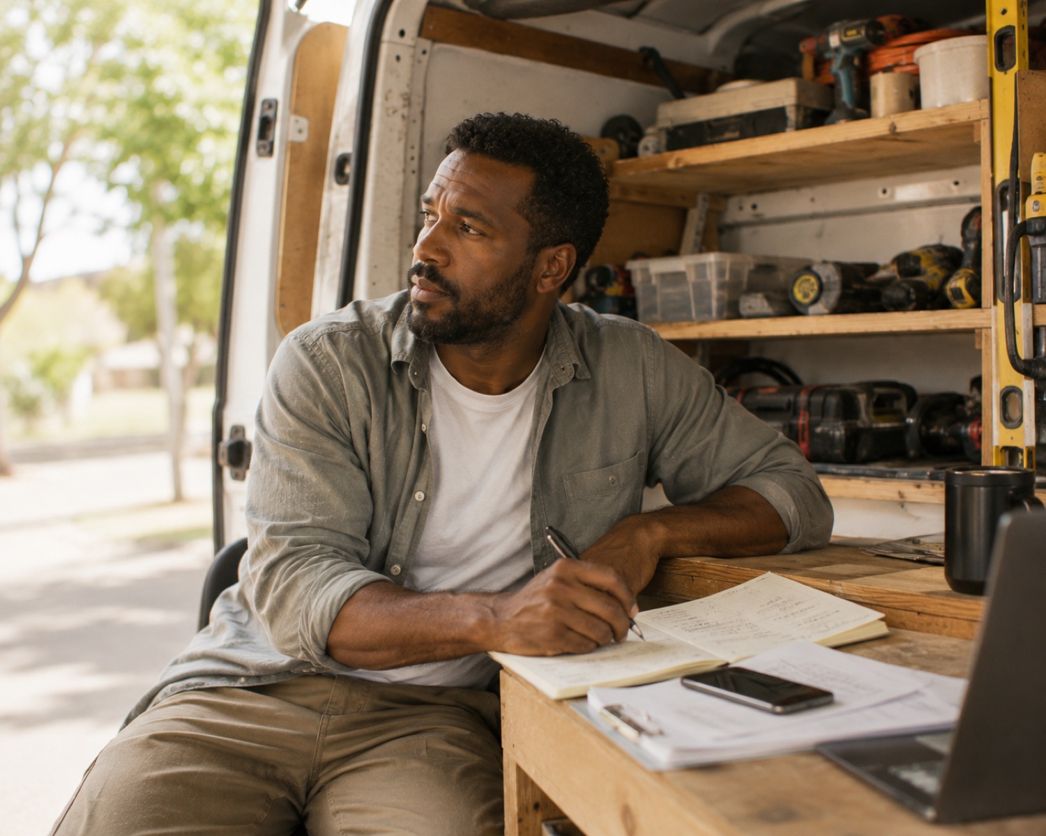 A tradesperson doing paperwork in the back of their van